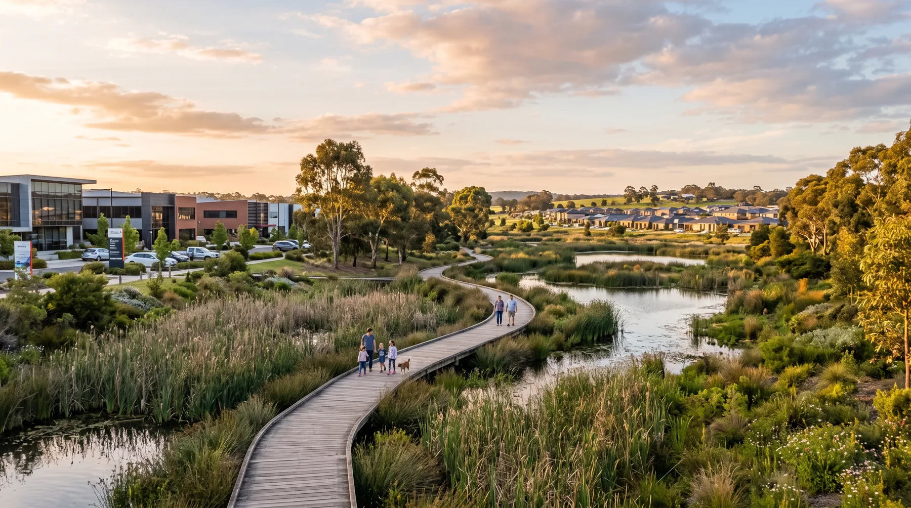 Green open space and creek corridor near the precinct